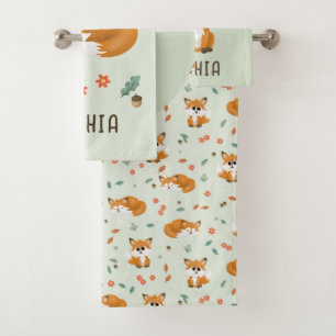 Cute Forest Fox Fall Monogram Kids Bath Towel Set