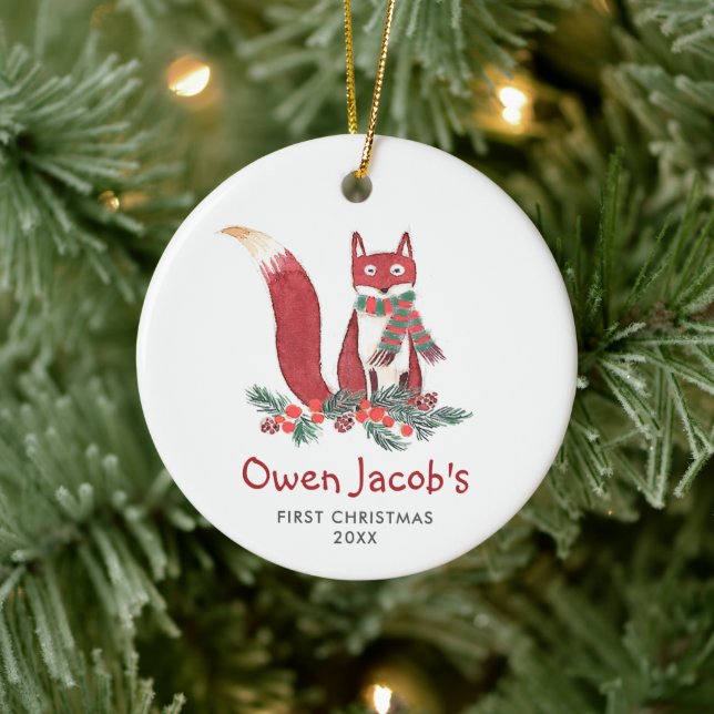 Cute Forest Fox Personalized Baby's 1st Christmas Ceramic Ornament (Tree)