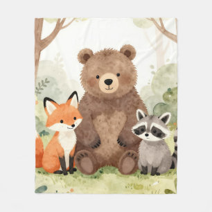 Cute Forest Friends Bear Fox Raccoon Watercolor Fleece Blanket