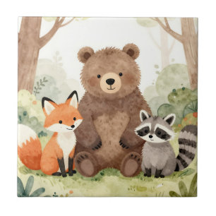 Cute Forest Friends Bear Fox Raccoon Watercolor Tile