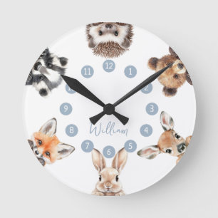 Cute Forest Friends Woodland Animals Blue Nursery Round Clock