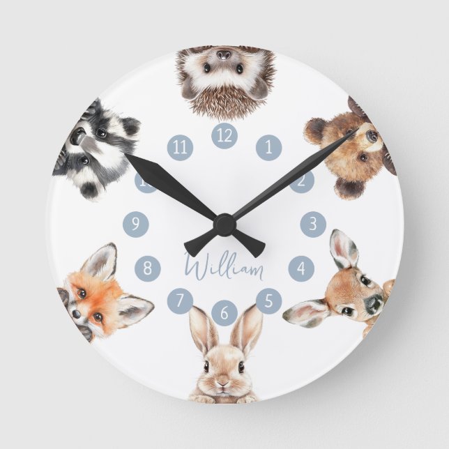 Cute Forest Friends Woodland Animals Blue Nursery Round Clock (Front)