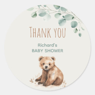 Cute forest leaves bear baby shower enclosure classic round sticker