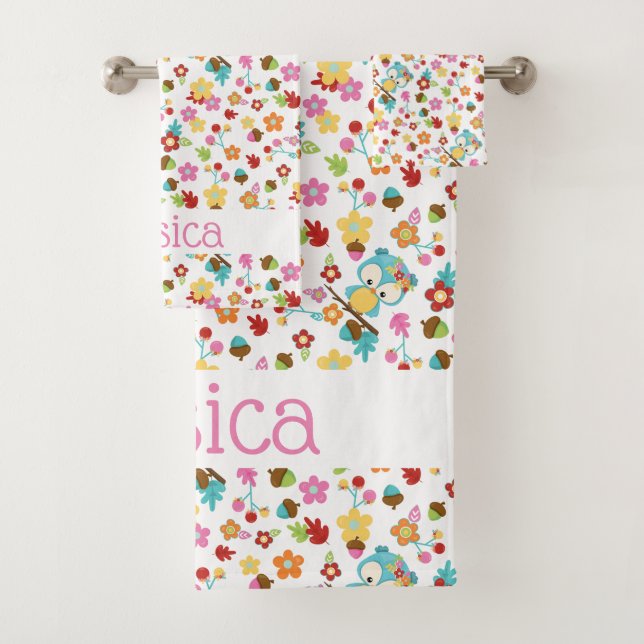 Cute Forest Owl Floral Baby Girl Personalized Name Bath Towel Set (Insitu)