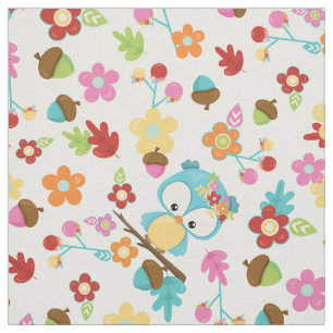 Cute Forest Owl Flowers & leaves Kawaii Girls Fabric