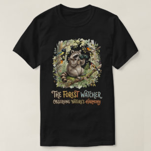 Cute Forest Raccoon Birdwatching Illustration T-Shirt