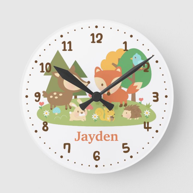 Cute Forest Woodland Animal Kids Room Decor Round Clock (Front)