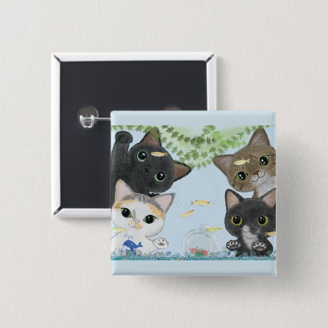 Cute Four Metaka Cats 2 Inch Square Button (Front & Back)