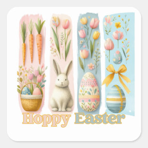 Cute Four Vertical Brash Watercolor Hoppy Easter Square Sticker