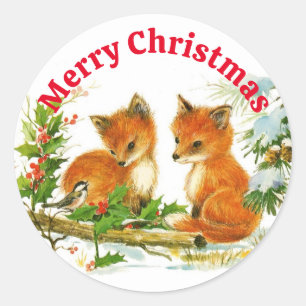 Cute Fox and Chickadee in the Snow Christmas Classic Round Sticker