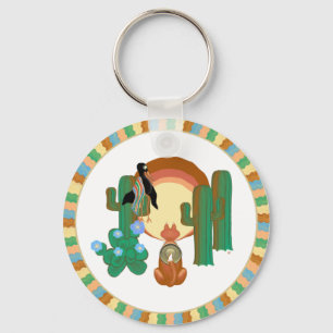 Cute Fox and Crow Best Friends Southwestern Design Keychain