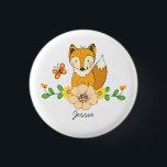 Cute fox and floral custom name 1 inch round button<br><div class="desc">Cute fox illustration sitting on a floral bouquet with a small orange butterfly friend. Custom name option is easy to adjust. All artwork by Valarie Wade.</div>