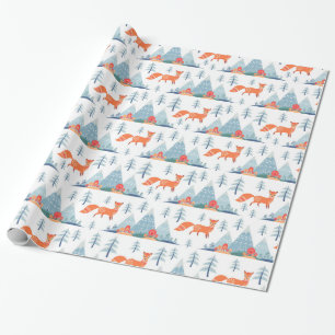 Cute Fox and Mountains Pattern Illustration Wrapping Paper