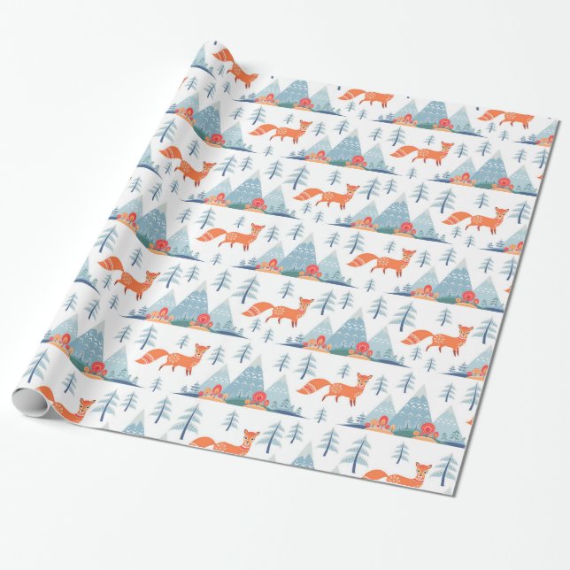 Cute Fox and Mountains Pattern Illustration Wrapping Paper (Unrolled)