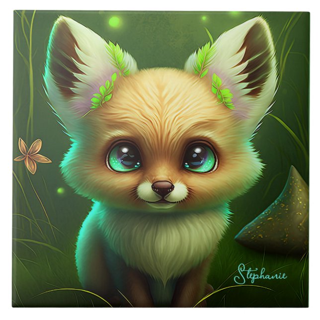 Cute Fox And Orange Flower Green Tile (Front)