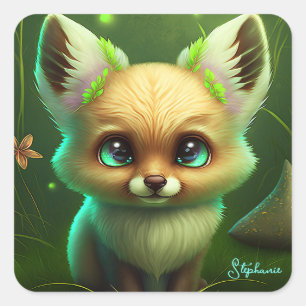 Cute Fox And Orange Flower Square Sticker