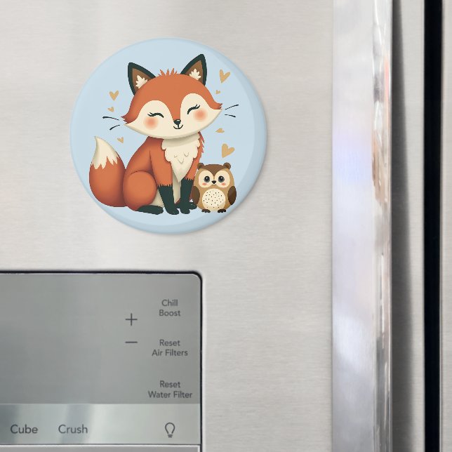 Cute Fox and Owl Whimsical Woodland Illustration Magnet (In Situ (Fridge))