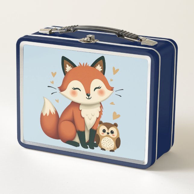 Cute Fox and Owl Whimsical Woodland Illustration Metal Lunch Box (Front)