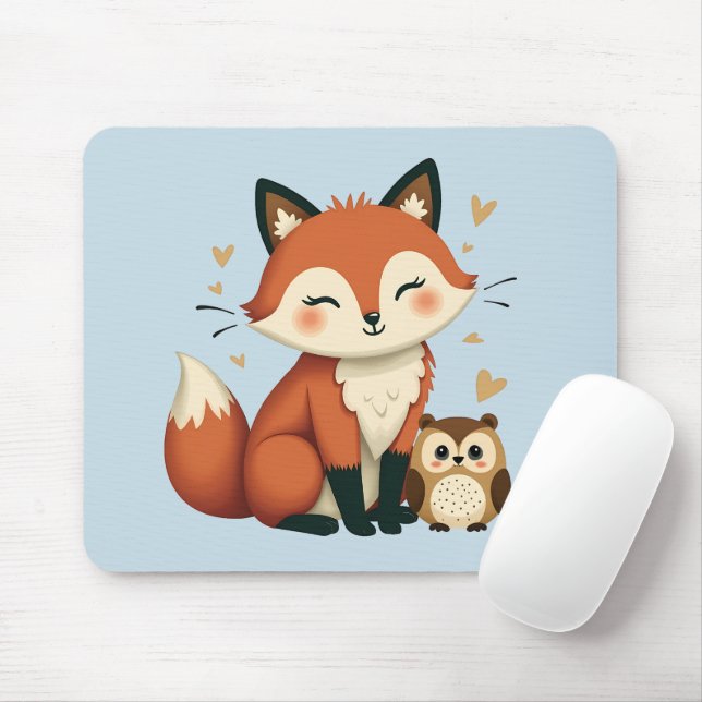 Cute Fox and Owl Whimsical Woodland Illustration Mouse Pad (With Mouse)