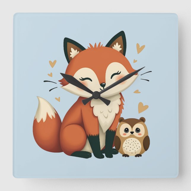 Cute Fox and Owl Whimsical Woodland Illustration Square Wall Clock (Front)