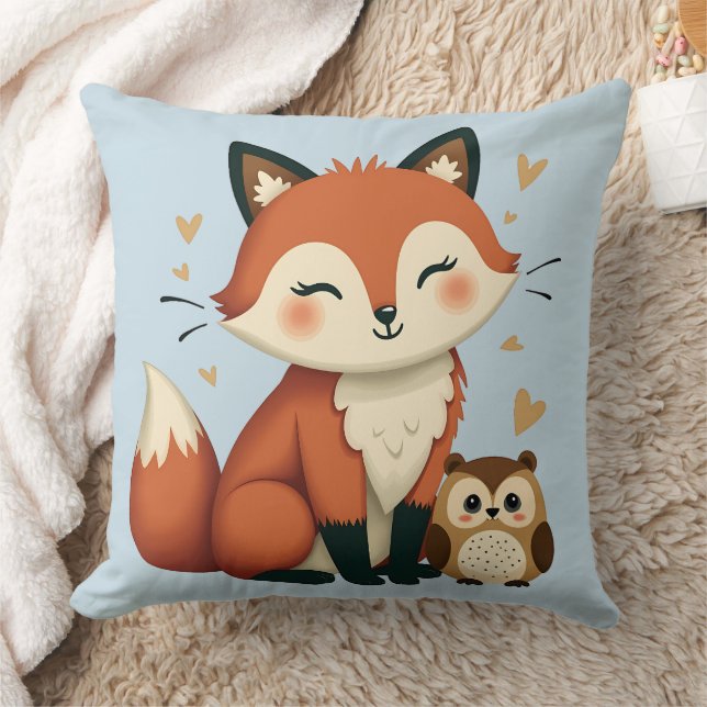 Cute Fox and Owl Whimsical Woodland Illustration Throw Pillow (Blanket)