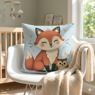 Cute Fox and Owl Whimsical Woodland Illustration Throw Pillow