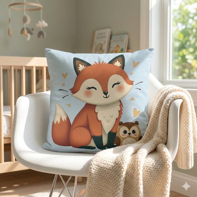 Cute Fox and Owl Whimsical Woodland Illustration Throw Pillow (Cute Fox and Owl Whimsical Woodland Illustration Throw Pillow Mockup A)