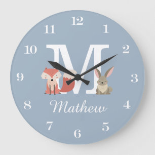 Cute Fox And Rabbit Baby Boy Monogram Blue Large Clock