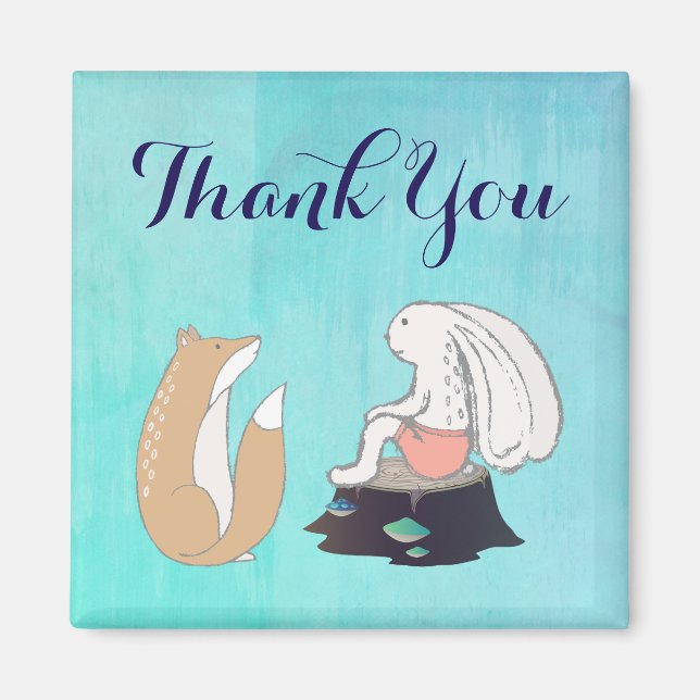 Cute Fox and Rabbit Cartoon Sketch Thank You Magnet (Front)