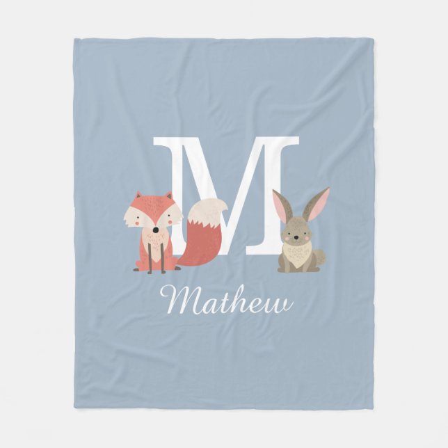Cute Fox And Rabbit Forest Animals Monogram Blue Fleece Blanket (Front)