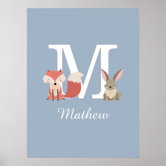 Cute Fox And Rabbit Forest Animals Monogram Blue Poster (Front)