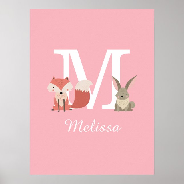 Cute Fox And Rabbit Forest Animals Monogram Pink Poster (Front)