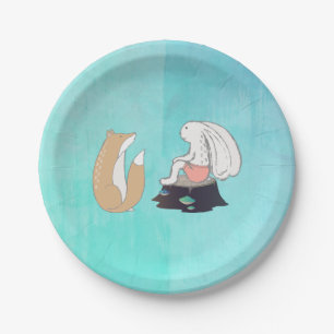 Cute Fox and Rabbit Woodland Creatures Drawing Paper Plate