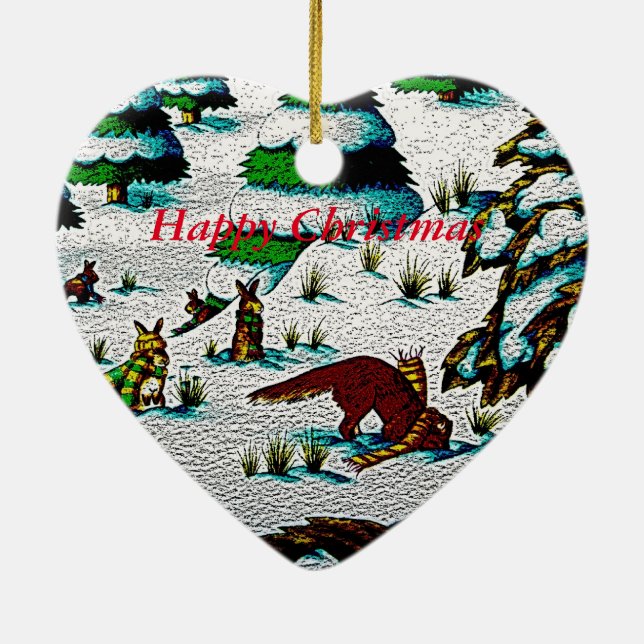 cute fox and rabbits christmas snow scene ceramic ornament (Back)