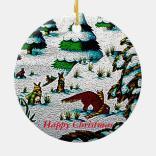 cute fox and rabbits christmas snow scene ceramic ornament