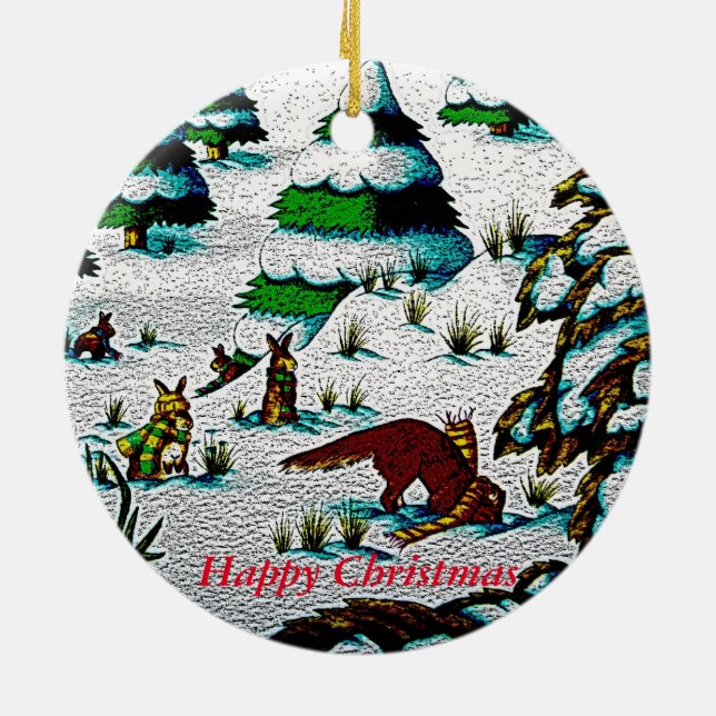 cute fox and rabbits christmas snow scene ceramic ornament (Back)