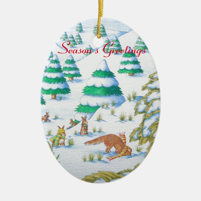 cute fox and rabbits christmas snow scene ceramic ornament (Front)