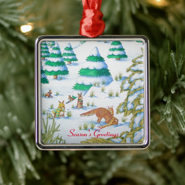 cute fox and rabbits christmas snow scene metal ornament (Tree)