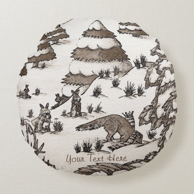 cute fox and rabbits christmas snow scene round pillow (Front)