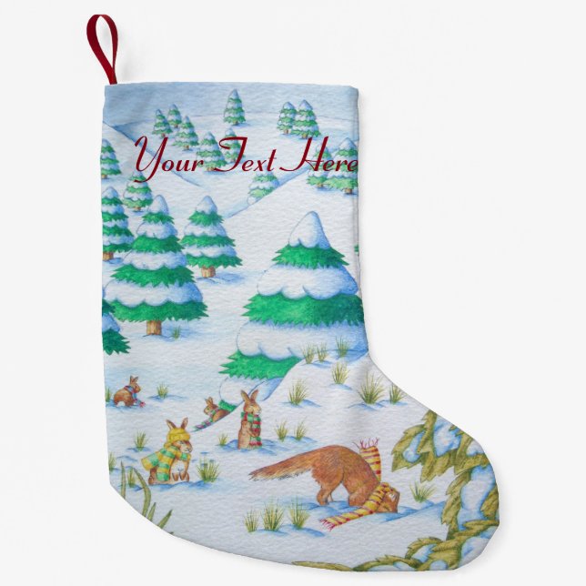 cute fox and rabbits christmas snow scene small christmas stocking (Front)