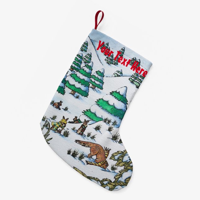 cute fox and rabbits christmas snow scene small christmas stocking (Front (Hanging))