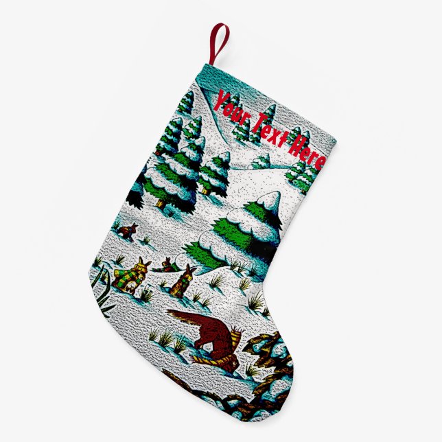 cute fox and rabbits christmas snow scene small christmas stocking (Front (Hanging))