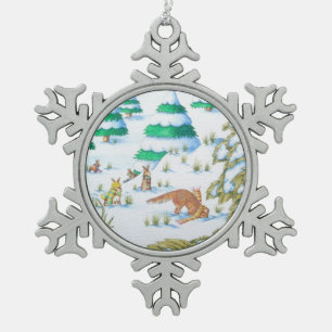 cute fox and rabbits christmas snow scene snowflake pewter christmas ornament