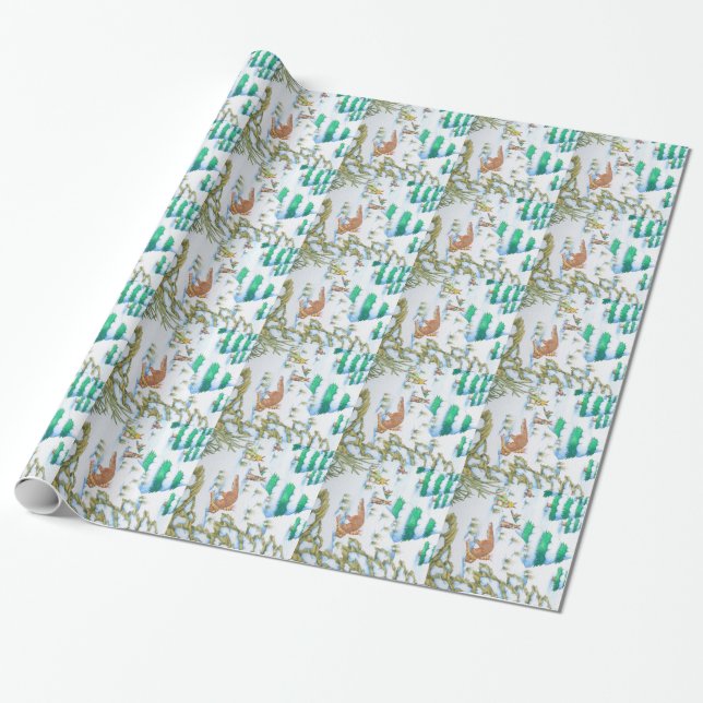 cute fox and rabbits christmas snow scene wrapping paper (Unrolled)