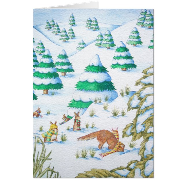 cute fox and rabbits winter snow scene (Front)