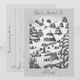cute fox and rabbits winter snow scene invitation