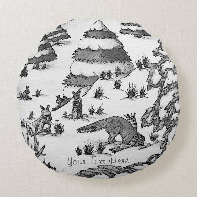 cute fox and rabbits winter snow scene round pillow (Front)