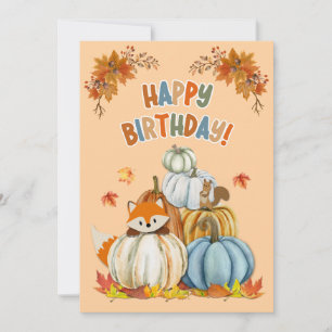 Cute Fox and Retro Pumpkins Fall Birthday  Holiday Card