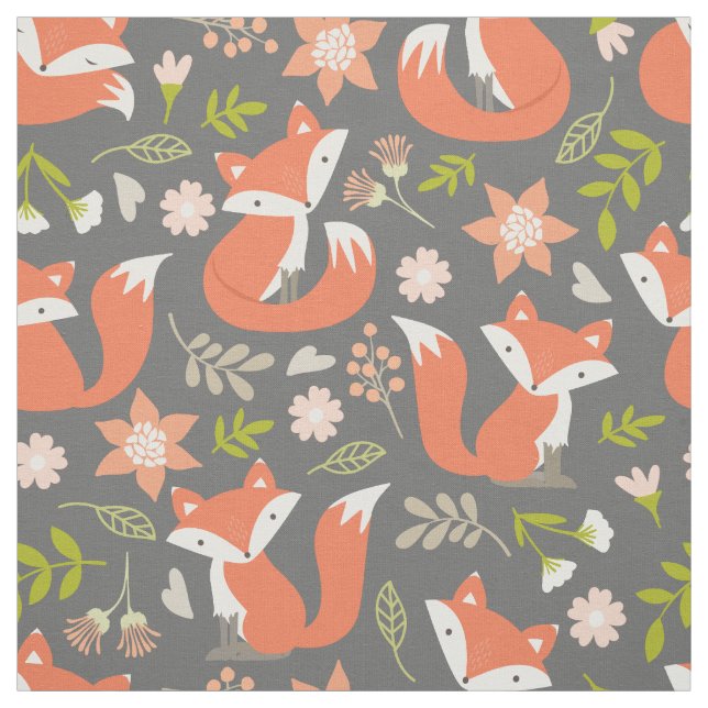 Cute Fox and Rustic Floral Fabric (Swatch)