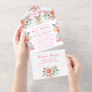 Cute Fox Animal Flowers It's a Girl Baby Shower Al All In One Invitation